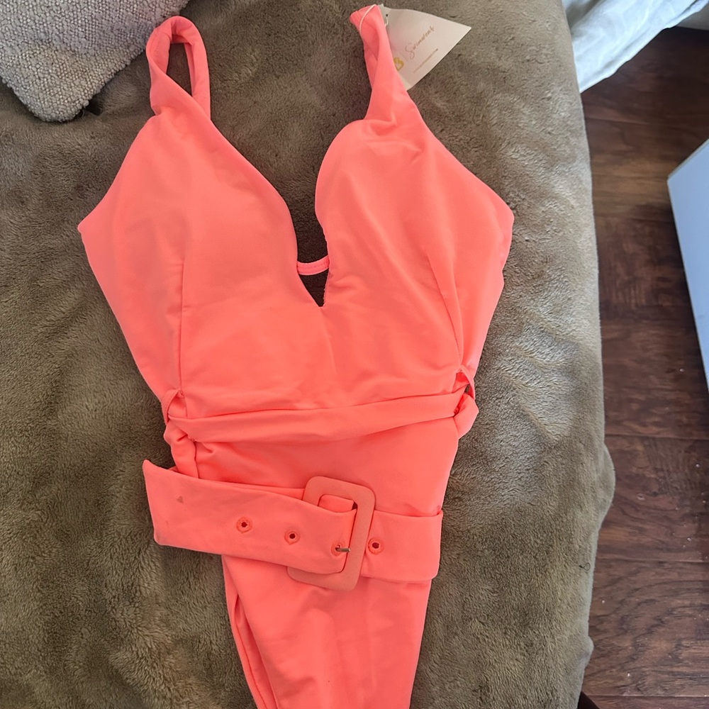Buffbunny neon peach belted one piece bathing suit